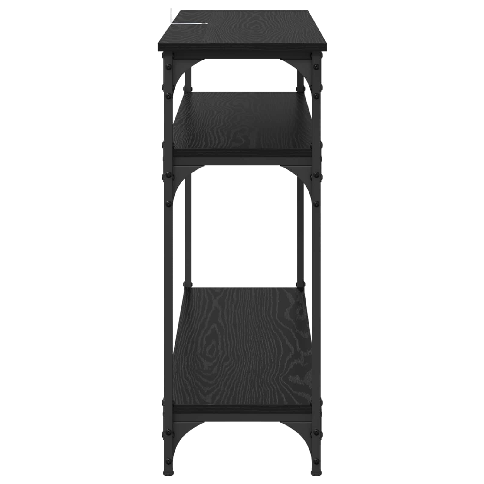 Stolik konsolowy z regałem o wyglądzie czarnego dębu, 100 x 29 x 75 cm, wykonany z materiału drewnopochodnego z metalową ramą, zajmuje mało miejsca, do salonu, korytarza, biura, miejsca do