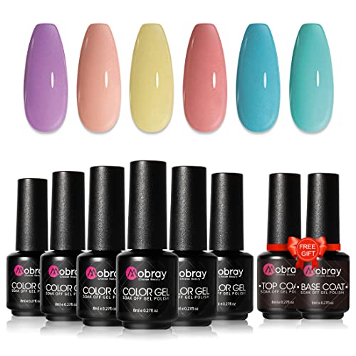 Mobray 6 Couleurs Vernis Semi, Bonbons Couleurs Macaron Vernis à Ongles U V Gel Kit avec Base et Top Coat Vernis Semi Permanent Pastel Lot Vert Jaune U V LED Soak Off Manucure Nail Cover