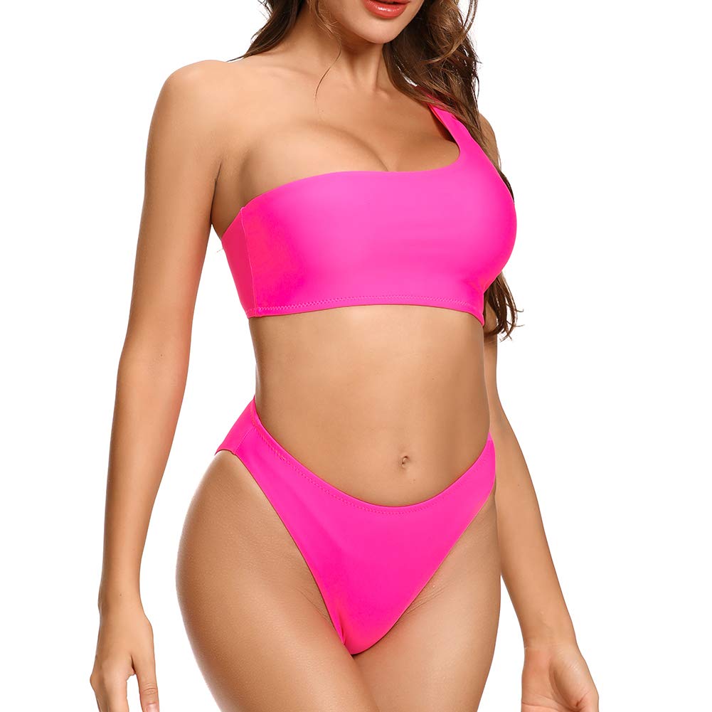DixperfectWomen's One Shoulder Crop Top Bikini Sets High Cut Bandeau Two Pieces Swimwear Bathing Suit