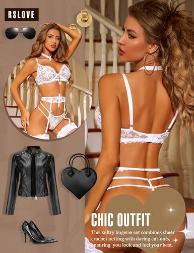Image of RSLOVE Women's Lingerie Sets with Garter Belt 3 Piece Sexy Lace High Waist Bra and Panty Set Push Up Exotic Sleepwear