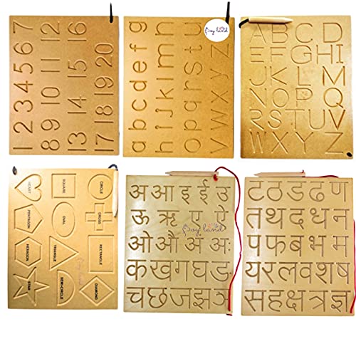 Image of JOYLAND Capital Numbers Hindi Varnmala Writing Practice Wooden Tracing Boards Educational Toys for Kids with Dummy Pencil | Letter Educational Slate | Learning Board for Baby (Set - 6)