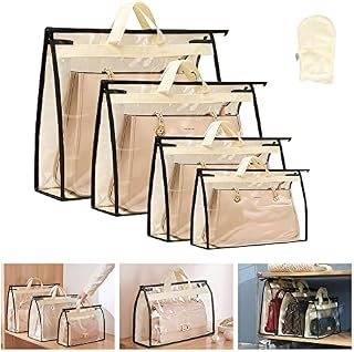 YAANBUNB 4 Pcs Clear Handbag Storage Organizer 4 Sizes Dust Cover Organizer Bags Space-Saving Storage Bag Purse Cover Hanging Closet Organizer with Zipper and Handles for Closet Handbags Purses(Beige)