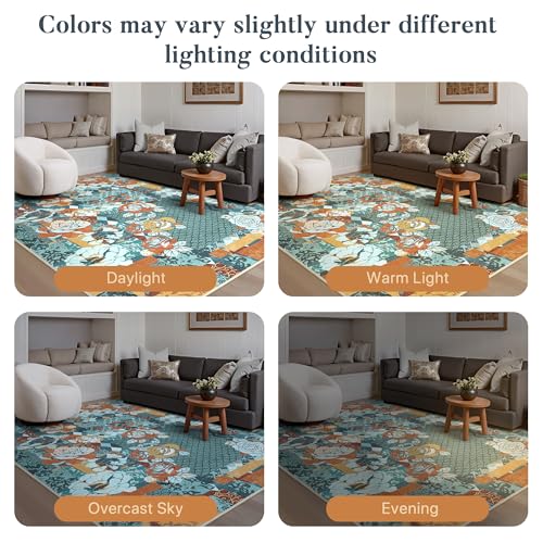 GENIMO 5X7 Floral Area Rugs for Living Room, Machine Washable Non Slip Vintage Patchwork Washable Rug, Ultra-Thin Low Pile Chenille Rugs for Bedroom, Dining Room, Navy Blue