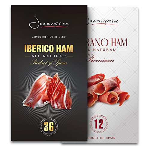 Premium Serrano Ham Sliced Dry-Cured (12Oz) + Spanish Iberico Ham Sliced (2Oz) - Spanish Jamon Iberico (Pata Negra) And Serrano With No Nitrates Or Nitrites All Natural, Gmo Free And Gluten Free #TOP3