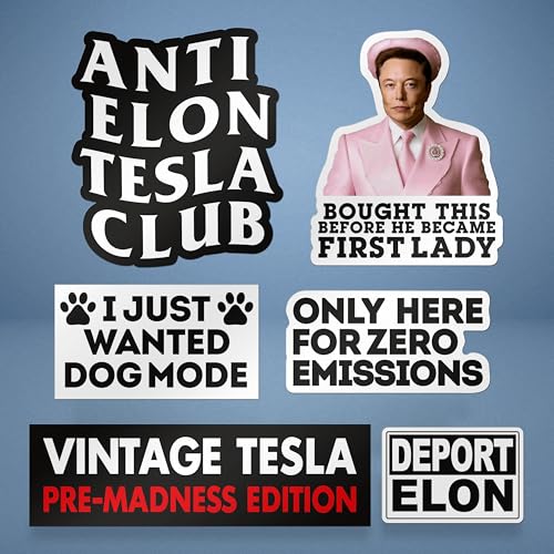 Funny Elon Sticker Pack 6 Large Bumper Vinyl Decals: Vintage Pre-Madness Edition Dog Mode Zero Emissions No Elon Club Waterproof for Car Laptop & More