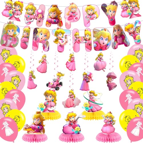 Princess Peach Party Supplies Birthday Party Decorations for Princess Peach for Fans with happy birthday banner cake topper balloons for Cartoon theme birthday party decorations