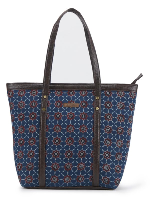 Image of NEPRI Printed Office Tote Bag | Laptop Bag 15.6 inch | Stylish Tote Bags for Office Use | Purse for Women | Vegan Leather & Handblock Printed Fabric Handbag | Daily & Travel Use