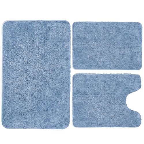 Bathroom Rug Mat Set 3-Piece Microfiber, Quick-Dry Blu
