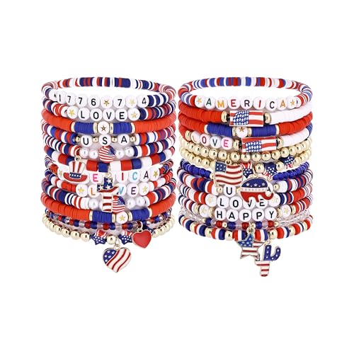 Taouzi American Flag Bracelets 4th of July Bracelets for Women Handmade Stackable Patriotic American Red White and Blue Bracelets 4th of July Independence Day Jewelry for Women Men 24Pcs C
