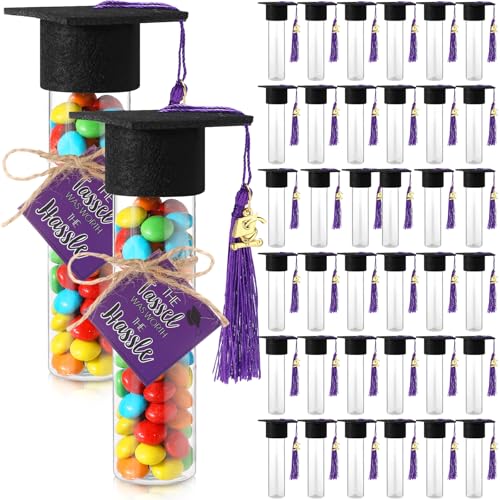 Willinglong 30 Set 2025 Graduation Candy Jars Set 100 ml Fillable Clear Plastic Candy Container with Cap with Tassel and Cards for DIY 2025 Graduation Party Favor(Purple)