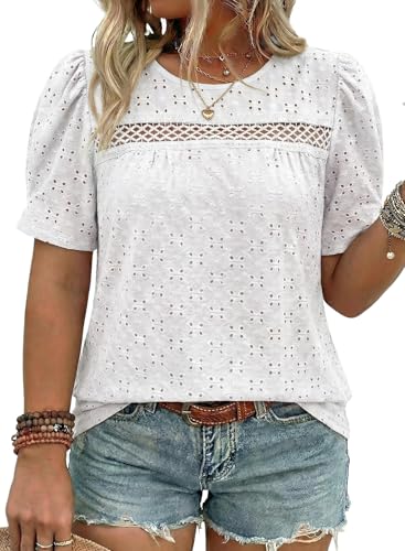 Eytino Plus Size Womens Tops Dressy Casual Solid Business Tops Short Eyelet Puff Sleeve Blouses,4X White