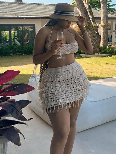 Image of CALEBGAR Women 2 Piece Outfits Sexy Crochet Mini Dress Hollow Tassel Skirts Sets Summer Bandage Tube Tops