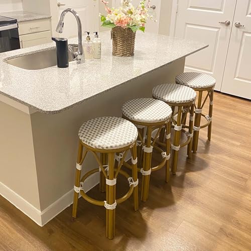 Image of PURPLE LEAF Patio Round Counter Height Stool Set of 2 Outdoor Backless Barstools Aluminum Frame in Bamboo Finish with White & Gray Woven Rattan for Indoor Kitchen Dining Bistros Cafe Restaurant