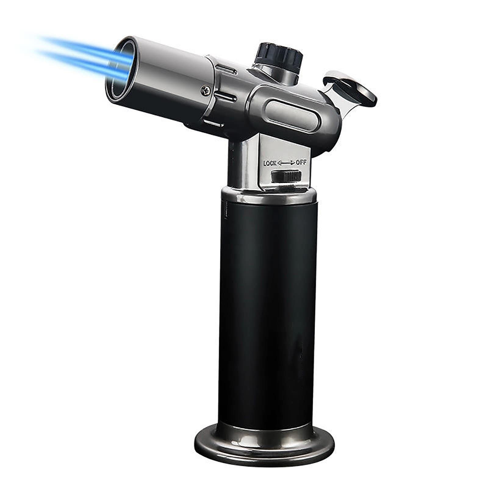 Encendedor Soplete de Butano Encendedor de Chorro de Servicio Pesado Ajustable de Llama Simple/Doble Recargable para Barbacoa Camping Sin Combustible,Black,128 * 90mm
