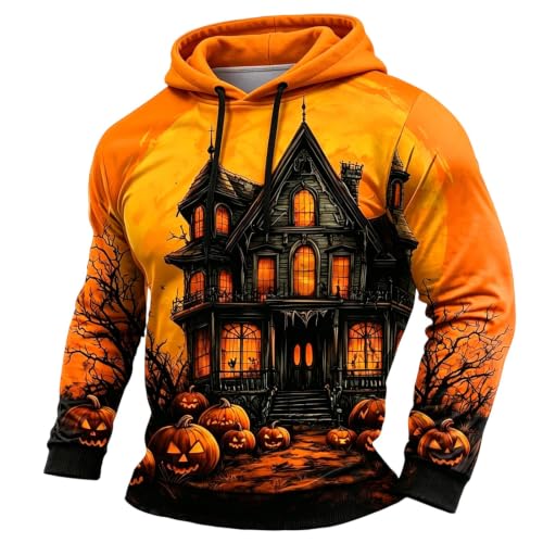 Hoodies for Men Halloween Pumpkin Hoodie Casual Long Sleeve Y2k Funny Pullover Sweatshirt Comfort Clothes Holiday Orange - image 1