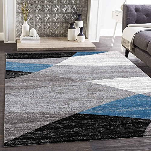 VIMODA Teppich Geometrisches Muster Meliert in Blau Grau Weiß Schwarz Kurzflor Wohnzimmer, Maße:160x220 cm