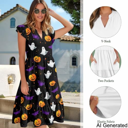 Image of Womens Summer Dress Ruffle Sleeve V Neck Dress Casual Fit Flowy Beach Vacation Sundress with Pocket S-2XL