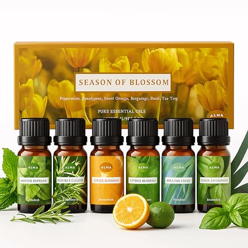 ALMA Cofanetto Oli Essenziali per Aromaterapia - Essenza di Primavera - Lavanda, Rosmarino, Geranio, Gelsomino, Citronella, Camomilla - Serenità e Freschezza - Oli Essenziali Biologici