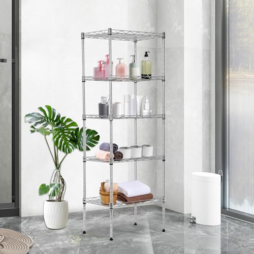 Image of BestOffice | 5-Tier Wire Storage Shelves | 17x12x48 | Chrome | with Adjustable Racks | Heavy-Duty Metal Shelf, Holds Upto 750 lbs | No-Tool Assembly | Ideal for Home & Garage Shelving