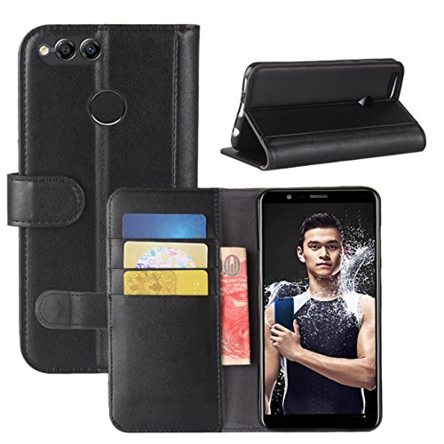 Huawei Mate SE Case, Huawei Honor 7X Case, Fettion Genuine Leather Wallet Flip Phone Protective Case Cover with Card Slots for Huawei Honor 7X / Huawei Mate SE Smartphone (Black)