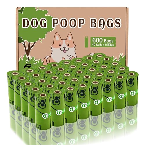 AiTodos® 600PCS Sacchetti Cacca Cane Biodegradabili, Amido di Mais+Materiale in Polietilene, Sacchetti per Cacca Semi-Biodegradabili - 31 x 23 cm - Verde (40 Rotoli, 15 Confezioni Ciascuno)