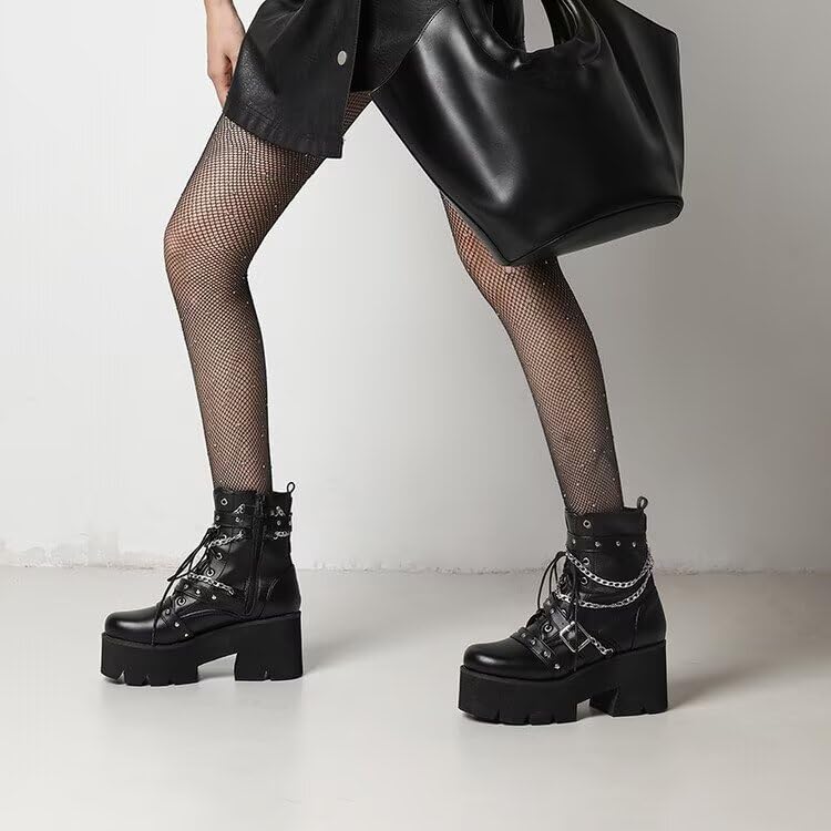 Buckle Chain Punk Boots Goth Lace Up Studded Zipper Chunky Heel Wedge Platform Ankle Short Biker Booties4