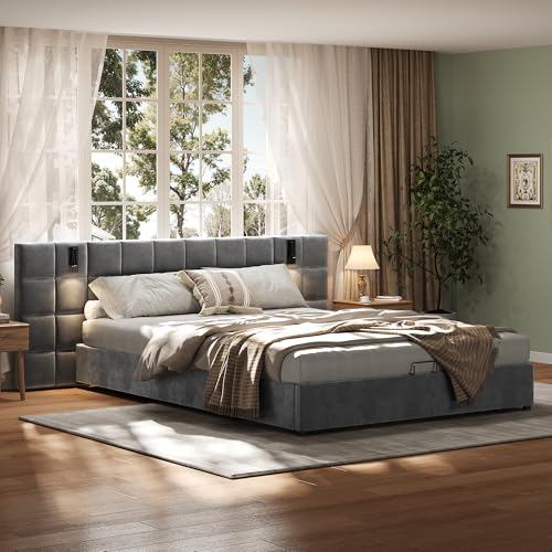 Merax Polsterbett 160x200cm mit Leselicht und USB-Aufladung, Doppelbett mit Lattenrost und Kopfteil, Funktionsbett mit Stauraum für Erwachsene & Jugend, Samtstoff, Grau (Ohne Matratze & Nachttisch) – Bild 4
