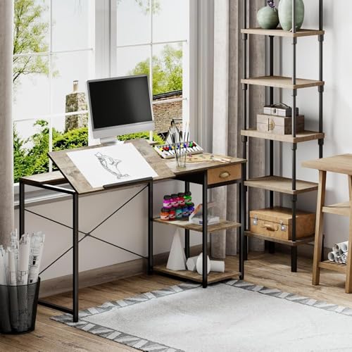 cxyin-home 製図テーブル 絵描き用テーブル 傾斜台付き パソコンデスク 学習机 勉強机 書見台 角度0〜45度調節 取り外し可能なモニター台付き 可動棚 省スペース 組立簡単 製図 絵画 創作 読書 在宅勤務 収納袋付き 可動式棚板