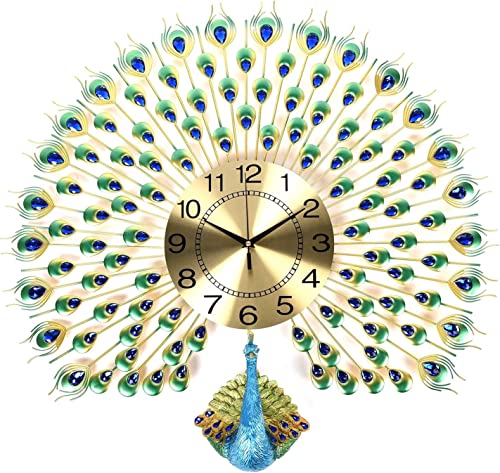 Image of TRENDING Large Luxury Crystal Peacock Wall Clock Silent Non-Ticking,3D Peacock Design Modern Art Clock Home Decorative Big Wall Clocks for Living Room Bedroom Dining Room (Peacock-Elegant Green)