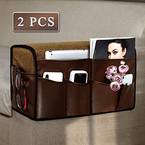 Joywell Leather Anti-Slip Armrest Covers with 8 Pockets for Sofa Couch, Armchair Caddy & Organizer for Remote Control, Phone, iPad, Super Durable Recliner Arm Protector for Pets, Set of 2, Brown