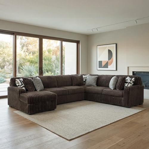 Image of Signature Design by Ashley Midnight-Madness 4-Piece Sectional with Chaise, Anti-Sag Foundation, Jumbo Corduroy Polyester U-Shaped Sofa for Living Room Comfort, Chocolate Brown, 151 inch W