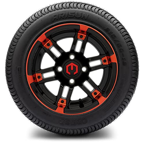 MODZ® Aftershock Red and Black 12" Golf Cart Wheels and Arisun Cruze (215/50-12) DOT Low Profile Golf Cart Tires Combo - Set of 4