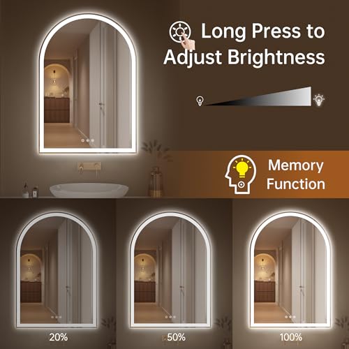 Image of Arched Bathroom Mirror with Lights 28 inchx40 inch- Frameless LED Mirror for Bathroom, Fogless, Dimmable, 3 Color Changing, Shatterproof, Touch Sensor