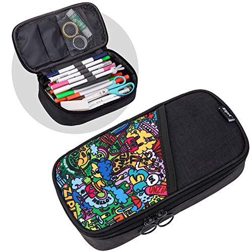 ZIPIT Essentials Large Pencil Case, Large Capacity Pen Organizer, Wide Opening with Zipper Closure (Doodles)