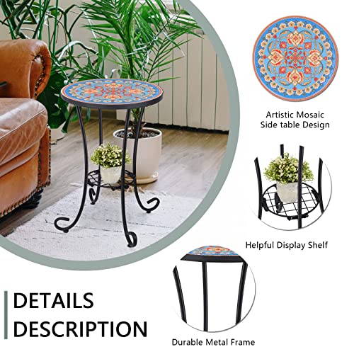 Vcuteka Outdoor Side Table Mosaic Patio Table Accent Table Mosaic Tile Top Metal Frame Small End Table Porch Beach Patio Garden Balcony Blue 14'' #TOP4