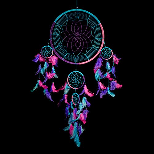 Caught Dreams Dream Catcher Traditional Indian Inspired Wall Art | Delicate Design | Vibrant Colors | Large Size 10.5 inch x 27 inches | Wall Hanging Home décor | Handmade | Aqua Blue, Pink and Purple