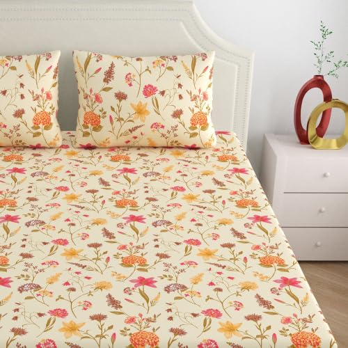 Image of Home Ecstasy 100% Cotton Double Bedsheet with 2 Pillow Covers - (Size 87 x 98 inches, 140 TC, Colour - Beige)