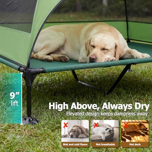 Image of Elevated Dog Bed with Upgraded Canopy, Raised Outdoor Dog Tent with Powerful Anti-Slip Feet, Portable Pet Cot with Larger Shade, Raised Cooling Bed for Camping, Backyard, Beach, Poolside
