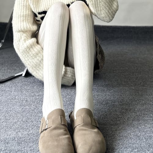 Image of Mrotrida Women's Vertical Stripe Jacquard Tights Autumn Winter Solid Elastic Leggings Thickened Warm Pantyhose (US, Alpha, One Size, Regular, Regular, White)