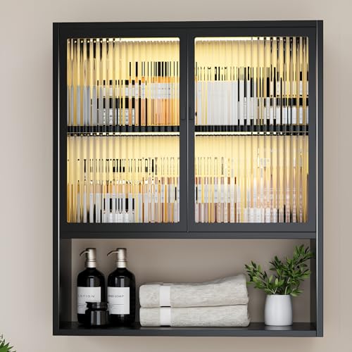Image of Wall Mounted Bathroom Cabinet with Glass Doors, Metal Over Toilet Storage Cabinets with Open Shelves, Medicine Cabinets for Bathroom, Living Room, Bedroom, Black