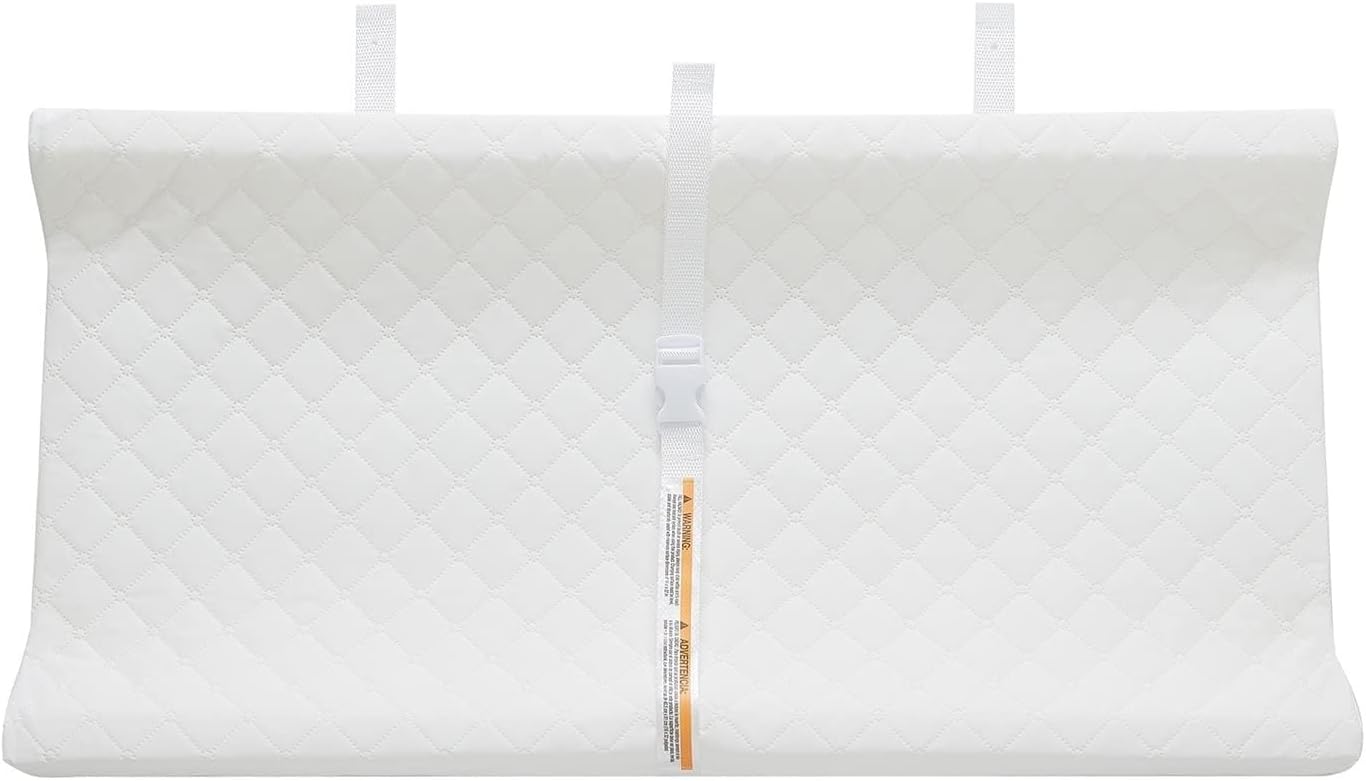 Pemberly Row Contoured Baby Changing Pad, Vinyl Cover, Water-Resistant, Non-Allergenic, White, 32 x 16 x 4 in, Security Strap, Raised Sides, Fits Most Standard Changing Tables