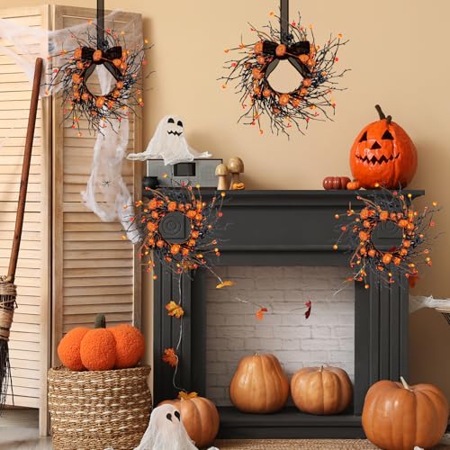 Image of 4 PCS Halloween Candle Rings Wreaths Black Orange Berries & Pumpkin Candle Rings Mini Wreath 3.5 Inch Center for Pillar Candle Halloween Fall Thanksgiving Party Home Table Indoor Decorations