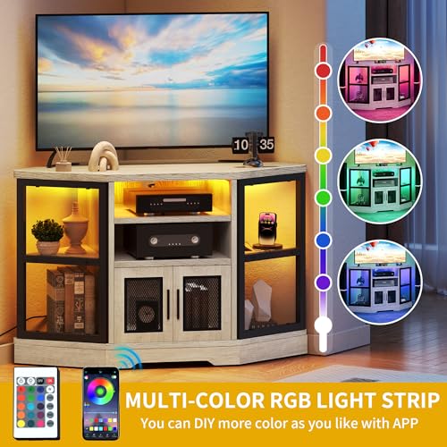 DWVO Corner TV Stand 55/50 Inch TV w/Power Outlet & LED Light, Farmhouse Entertainment Center with Storage, Wood TV Media Console with Storage Cabinets Shelves for Living Room, White Oak