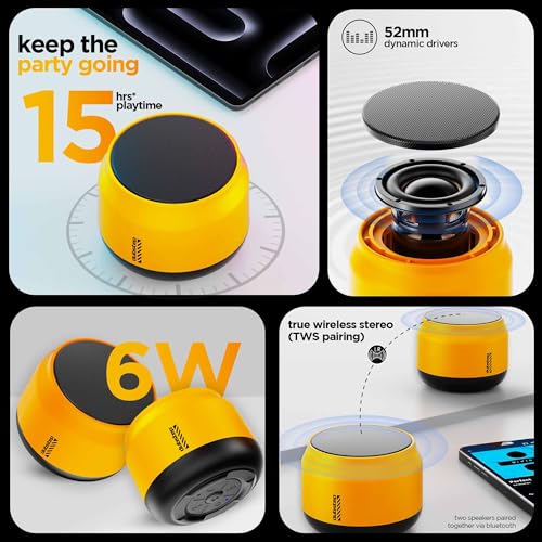 Image of Dubstep Pop 600 Bluetooth Speaker, 6W RMS Stereo Output, 15 Hours Playtime, TWS Pairing, 52mm Dynamic Drivers (Yellow)