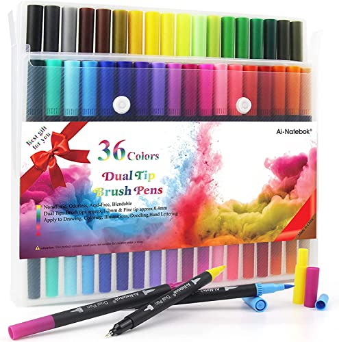Ai-Natebok Dual Brush Marker Pens, Coloring Pens, 36 Colors 0.4 Fine Tip Markers & Brush Pen For Adult Coloring Books Bullet Journal Note Taking Writing Planning Art Project #TOP1