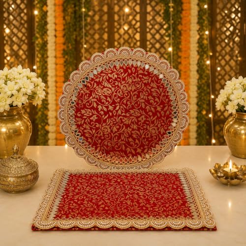 Image of SATYAM KRAFT 1 Pcs Ganpati Singhasan Backdrop Set| Red Gold Mirror Lace Decoration| 31x31 cm Square Round Backdrop with 10x10 cm Clamp| Ganpati Decoration Setup for Home, Ganesh Chaturthi Makhar