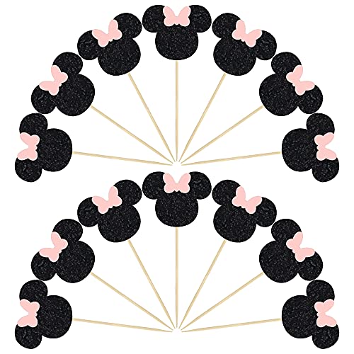 Gyufise Mouse Inspired Cupcake Toppers With Bow Black And Pink Glitter Mouse Cupcake Picks Baby Shower Wedding Kids Birthday Party Cake Decorations Supplies 36 Pack #TOP2