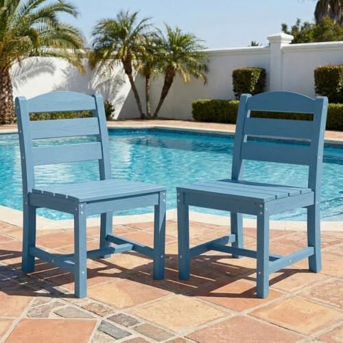 Image of SERWALL Outdoor HDPE Armless Dining Chairs Set of 2,All-Weather Use,Blue | Weather-resistant dining chairs resist fading and cracking, with armless design for comfortable outdoor seating.