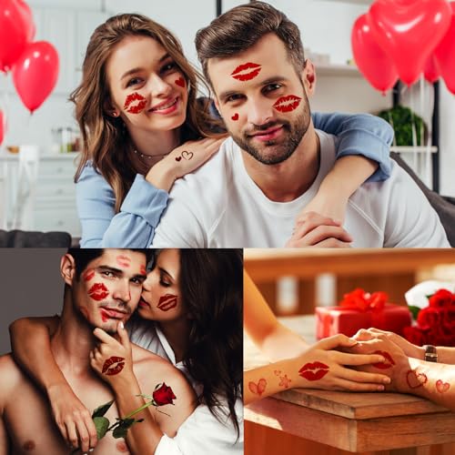 Image of 180 Pcs Large Size Valentine's Day Party Favors Kiss Lip Temporary Tattoos Stickers for Adult Women, 12 Sheets Bright Red Kiss Lip Print Fake Tattoos for Valentine's Day Costume Accessories