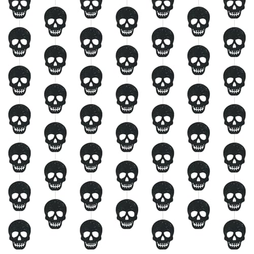 Xinnun Skull Party Decorations Black Skeleton Hanging Banners Garland Gothic Theme Banner Cutouts Ribbon Streamers for Halloween Spooky Funny Funeral Birthday Party Decor Supplies(Skull)